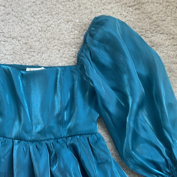 Sheer Teal Puff Sleeve Babydoll Dress - XS - Picture 2 of 4